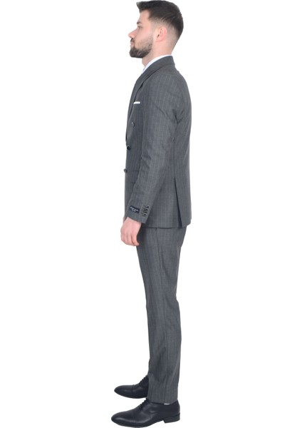 Cengiz Inler Çizgili Desen Kruvaze Erkek Takım Elbise modelleri