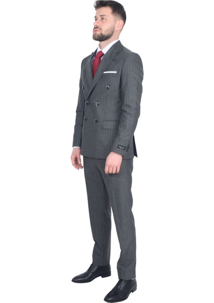 Cengiz Inler Çizgili Desen Kruvaze Erkek Takım Elbise fırsatları