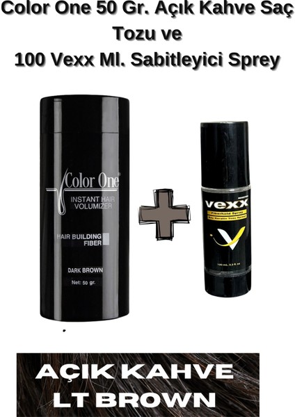 50 Gr. Açık Kahve Hair Fiber Saç Tozu,topik + Vexx 100 Ml. Sabitleyici Sprey Set