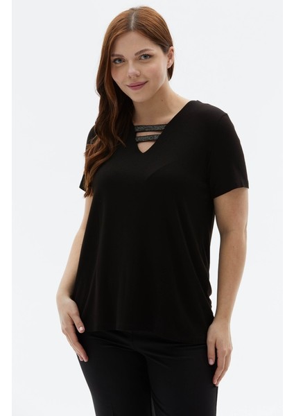 Büyük Beden V Yaka Bantları Taşlı Penye Bluz