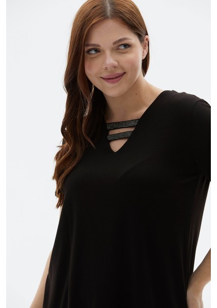 Büyük Beden V Yaka Bantları Taşlı Penye Bluz fiyatları