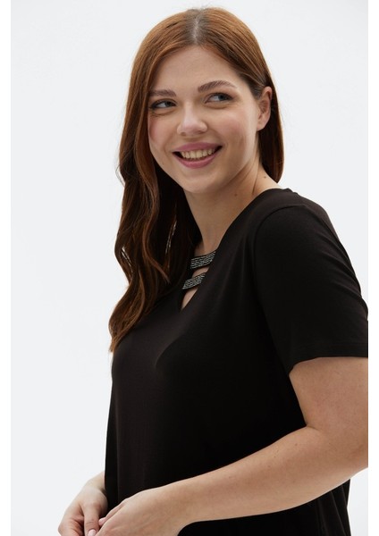 Büyük Beden V Yaka Bantları Taşlı Penye Bluz modelleri