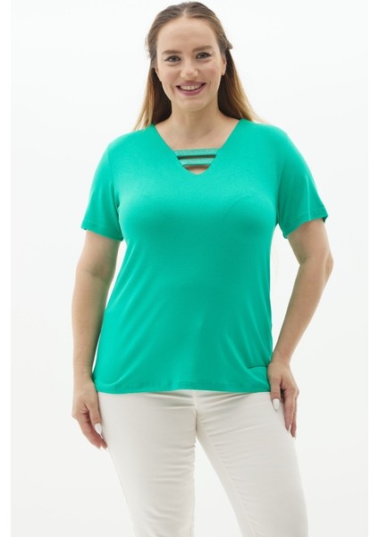 Büyük Beden V Yaka Bantları Taşlı Penye Bluz indirimleri