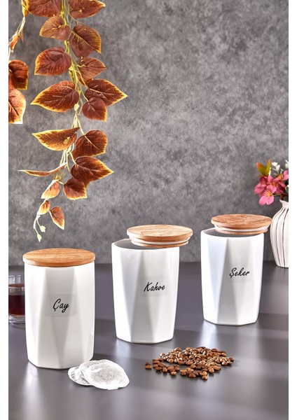 3 Lü Vakumlu Ahşap Kapaklı Beyaz Çay/kahve/şeker/tuz Kavanozu Seti- Prizma Saklama Kabı