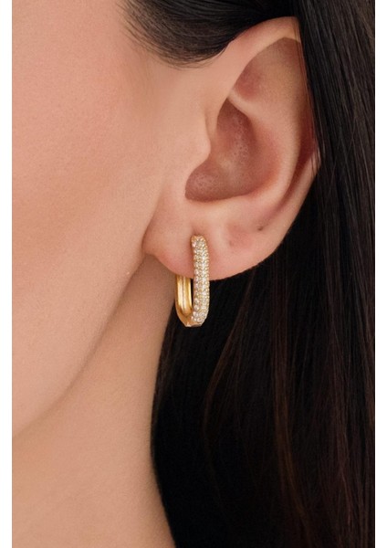 Gümüş Altın Kaplama Beyaz Zirkon Taşlı Dikdörtgen Küpe