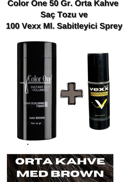 Color One 50 Gr. Orta Kahve Hair Fiber  Saç Tozu,topik + Vexx 100 Ml. Sabitleyici Sprey Set