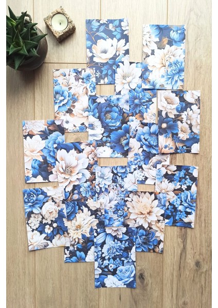 15 Adet Mavi Gül Temalı Scrapbook Kağıt Seti Bullet Journal Dekupaj Kağıdı