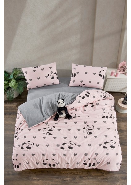 Pembe Panda Çift Kişilik Nevresim Seti ( 200X220 Nevresim Kılıfı & 2 Adet Yastık Kılıfı )