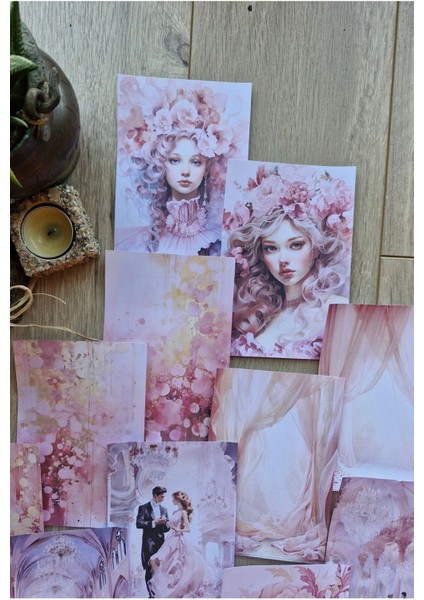 38 Adet Pembe Scrapbook Kağıt Seti Leydi Elibse Balo Temalı Bullet Journal Dekupaj Kağıdı