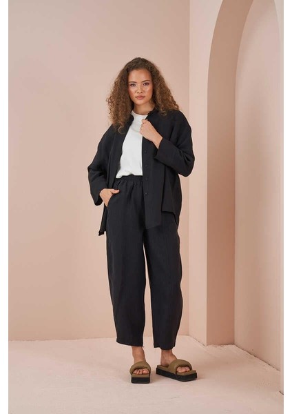 Oversize Ceket Tunik Keten Siyah