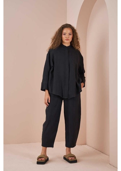 Oversize Ceket Tunik Keten Siyah