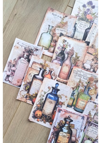 15 Adet Eskitme Vintage Iksir Şişesi Temalı Scrapbook Kağıt Seti Bullet Journal Dekupaj Kağıdı
