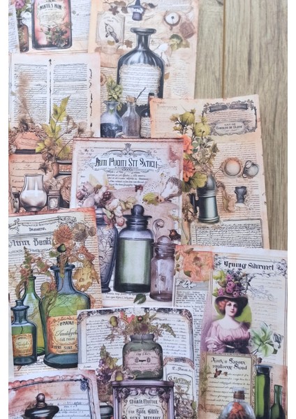 15 Adet Eskitme Vintage Iksir Şişesi Temalı Scrapbook Kağıt Seti Bullet Journal Dekupaj Kağıdı