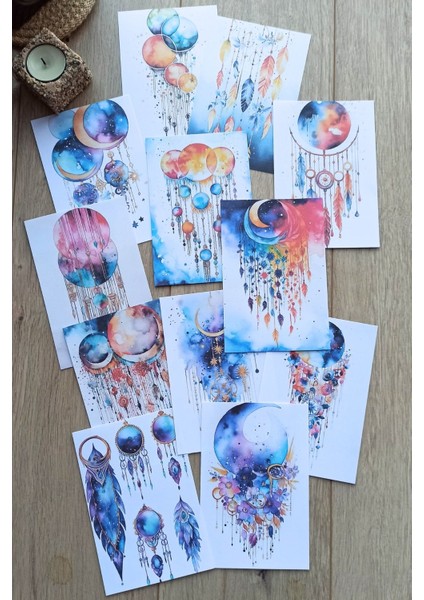 12 Adet Suluboya Boho Temalı Scrapbook Kağıt Seti Bullet Journal Dekupaj Kağıdı