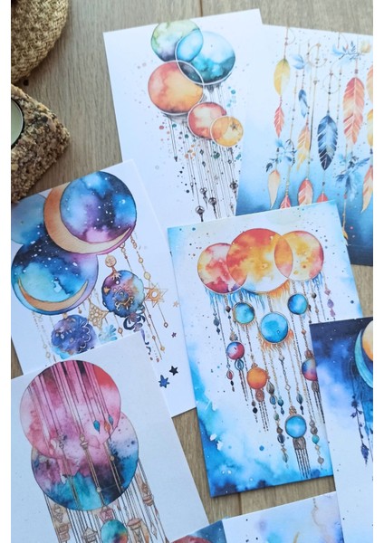 12 Adet Suluboya Boho Temalı Scrapbook Kağıt Seti Bullet Journal Dekupaj Kağıdı