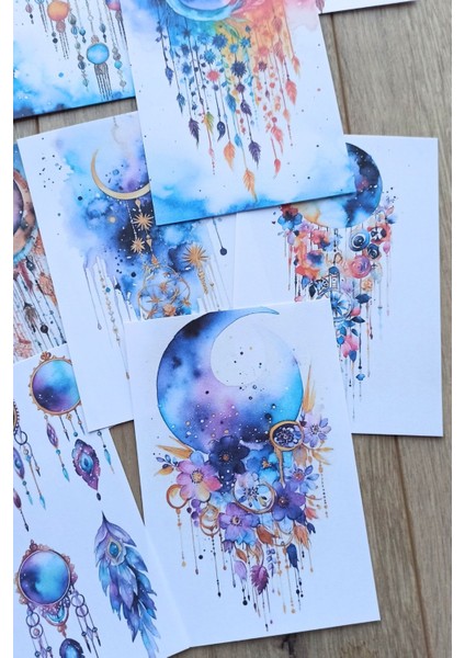 12 Adet Suluboya Boho Temalı Scrapbook Kağıt Seti Bullet Journal Dekupaj Kağıdı