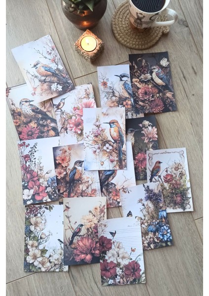 15 Adet Eskitme Vintage Kuş Temalı Scrapbook Kağıt Seti Bullet Journal Dekupaj Kağıdı