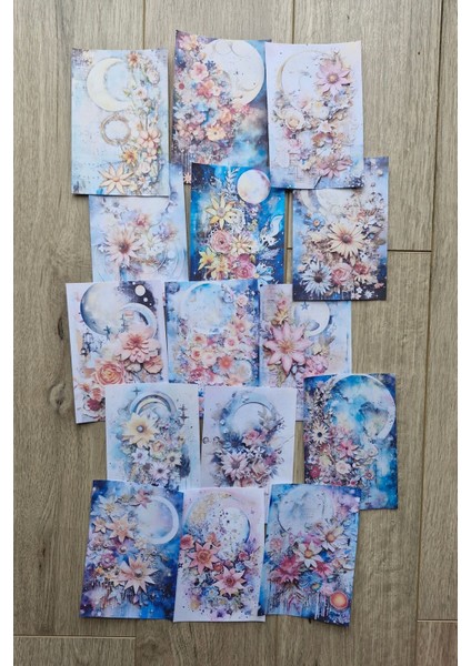 15 Adet Suluboya Celestial Ay Hilal Temalı Scrapbook Kağıt Seti Bullet Journal Dekupaj Kağıdı