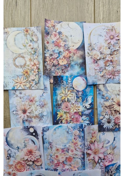 15 Adet Suluboya Celestial Ay Hilal Temalı Scrapbook Kağıt Seti Bullet Journal Dekupaj Kağıdı