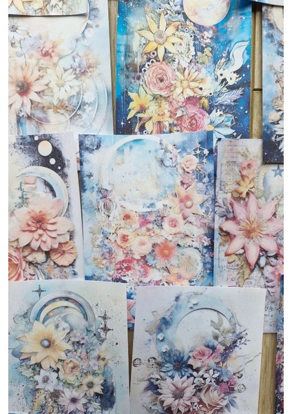 15 Adet Suluboya Celestial Ay Hilal Temalı Scrapbook Kağıt Seti Bullet Journal Dekupaj Kağıdı