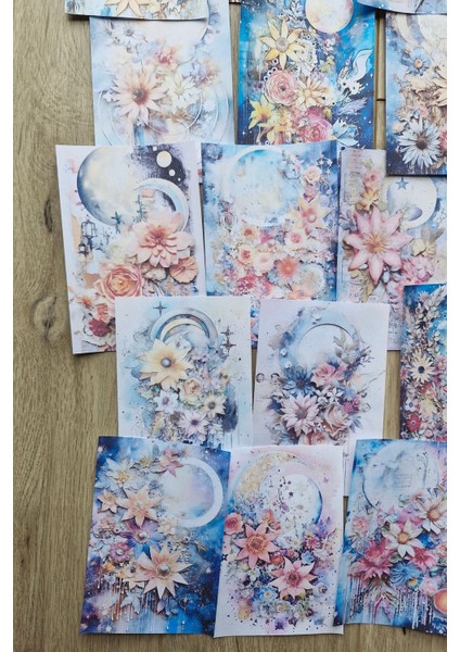 15 Adet Suluboya Celestial Ay Hilal Temalı Scrapbook Kağıt Seti Bullet Journal Dekupaj Kağıdı