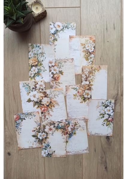 12 Adet Eskitme Vintage Çiçek El Yazı Temalı Scrapbook Kağıt Seti Bullet Journal Dekupaj Kağıdı
