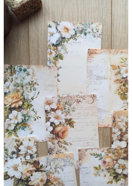 12 Adet Eskitme Vintage Çiçek El Yazı Temalı Scrapbook Kağıt Seti Bullet Journal Dekupaj Kağıdı fiyatları