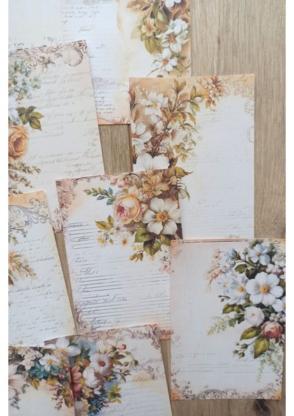 12 Adet Eskitme Vintage Çiçek El Yazı Temalı Scrapbook Kağıt Seti Bullet Journal Dekupaj Kağıdı modelleri