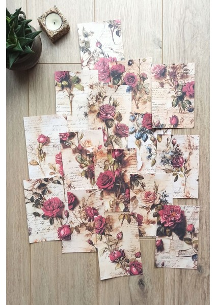 15 Adet Eskitme Vintage Gül Temalı Scrapbook Kağıt Seti Bullet Journal Dekupaj Kağıdı
