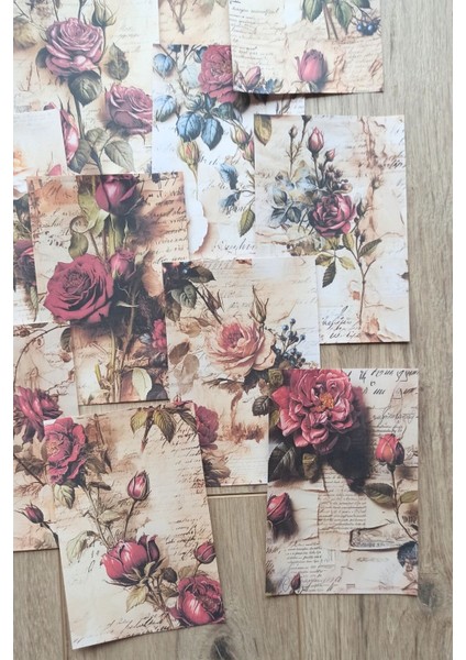 15 Adet Eskitme Vintage Gül Temalı Scrapbook Kağıt Seti Bullet Journal Dekupaj Kağıdı