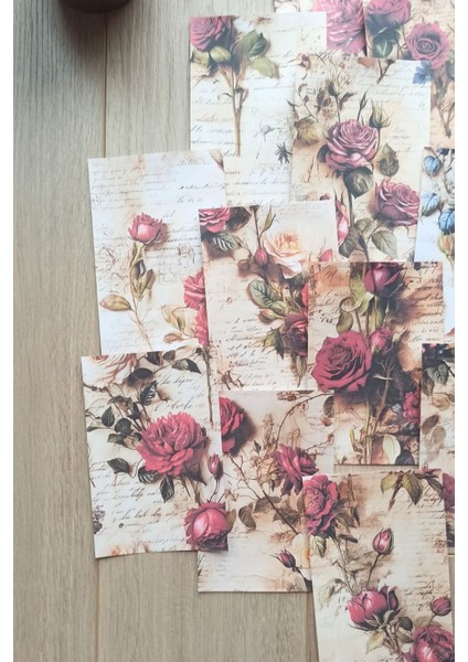 15 Adet Eskitme Vintage Gül Temalı Scrapbook Kağıt Seti Bullet Journal Dekupaj Kağıdı
