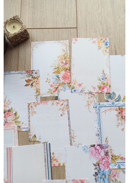 15 Adet Eskitme Vintage Pastel Çiçek Temalı Scrapbook Kağıt Seti Bullet Journal Dekupaj Kağıdı