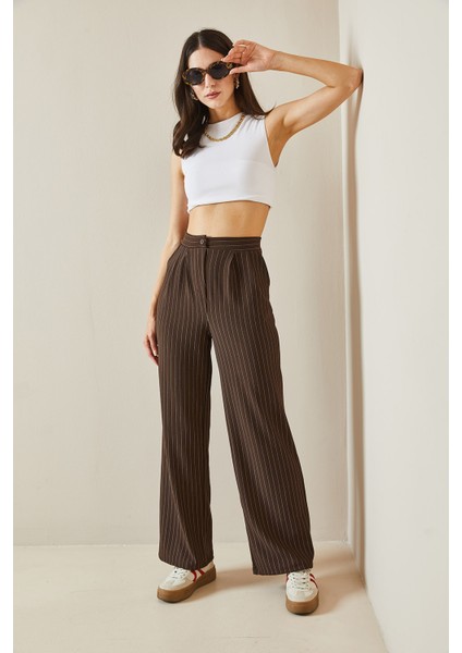 Kahverengi Çizgili Bol Paça Pantolon 5YXK5-48661-18 fırsatları
