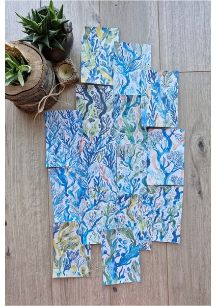 15 Adet Abstract Yosun Temalı Scrapbook Kağıt Seti Bullet Journal Dekupaj Kağıdı Mavi Yeşil