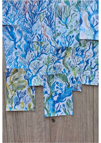 15 Adet Abstract Yosun Temalı Scrapbook Kağıt Seti Bullet Journal Dekupaj Kağıdı Mavi Yeşil