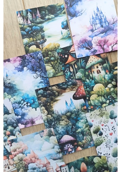 15 Adet Büyülü Orman Temalı Scrapbook Kağıt Seti Bullet Journal Dekupaj Kağıdı