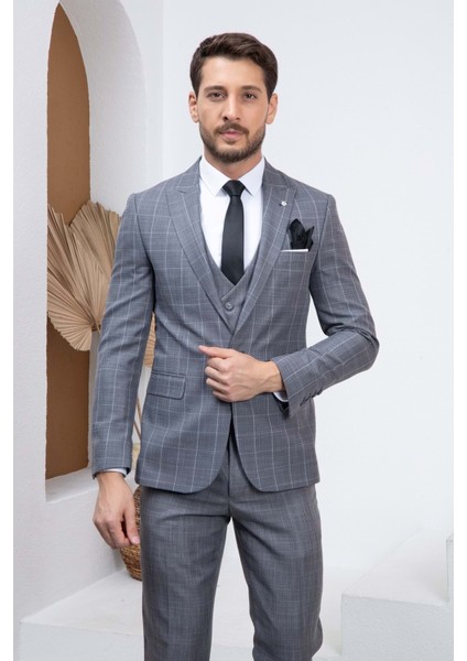 Gri Ekoseli Kombin Slimfit Erkek Takım Elbise