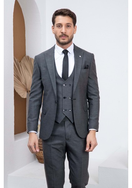 Gri Çizgili Slim Fit Yelekli Erkek Takım Elbise