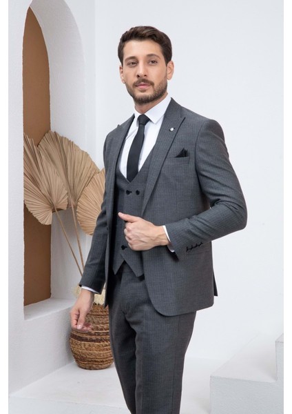 Gri Çizgili Slim Fit Yelekli Erkek Takım Elbise
