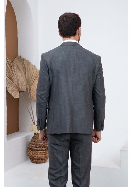 Gri Çizgili Slim Fit Yelekli Erkek Takım Elbise