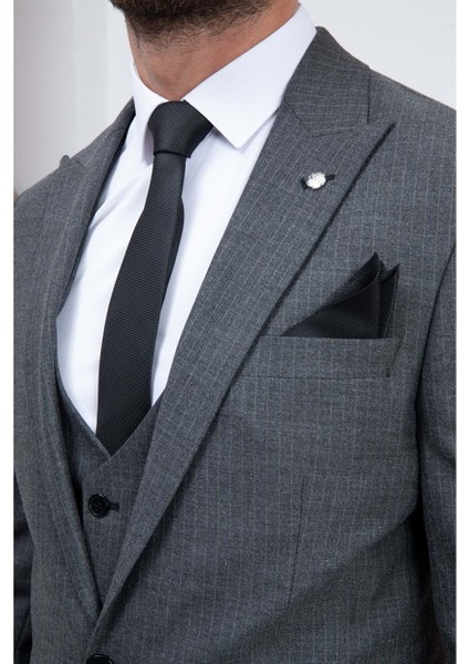 Gri Çizgili Slim Fit Yelekli Erkek Takım Elbise