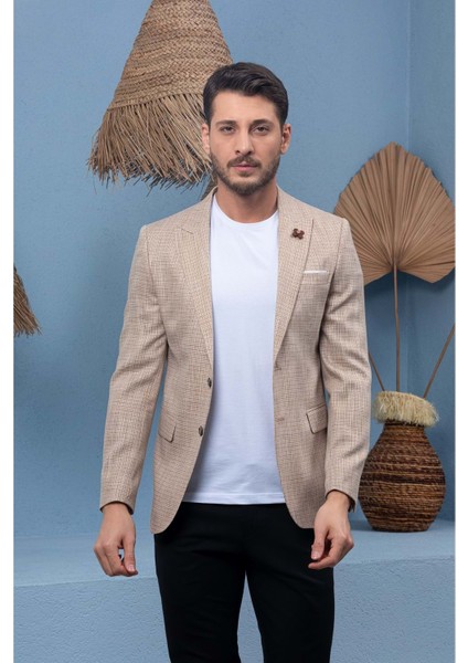 Kahverengi Desenli Slim Fit Erkek Tek Ceket