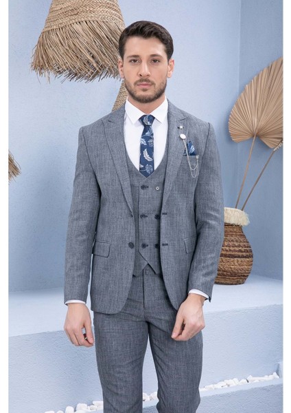 Lacivert Desenli Slim Fit Yelekli Erkek Takım Elbise