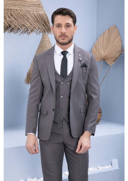 Gri Slim Fit Yelekli Erkek Takım Elbise