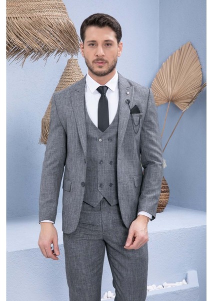Gri Desenli Slim Fit Yelekli Erkek Takım Elbise