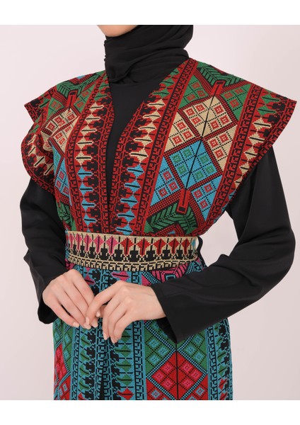 Kolsuzlu Filistinli Dolu Nakışlı Kadın Geniş Abaya Tek Ebatlı C100035