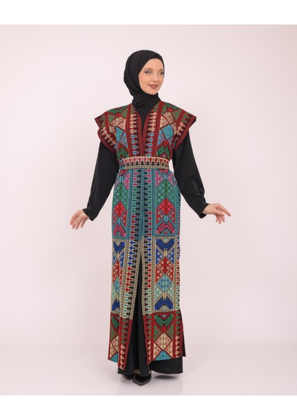 Kolsuzlu Filistinli Dolu Nakışlı Kadın Geniş Abaya Tek Ebatlı C100035