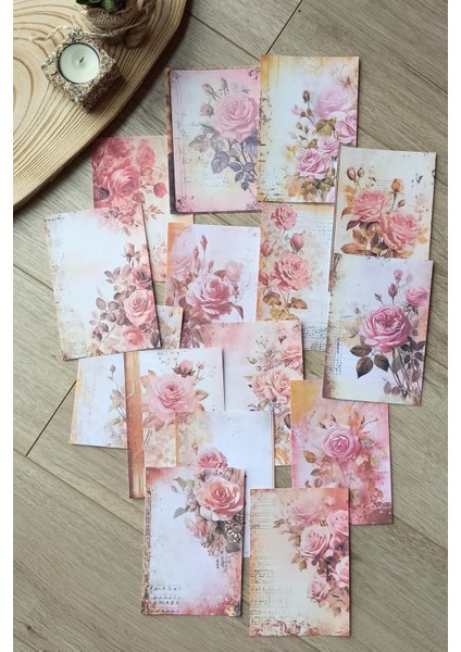 15 Adet Eskitme Vintage Gül Temalı Scrapbook Kağıt Seti Bullet Journal Dekupaj Kağıdı