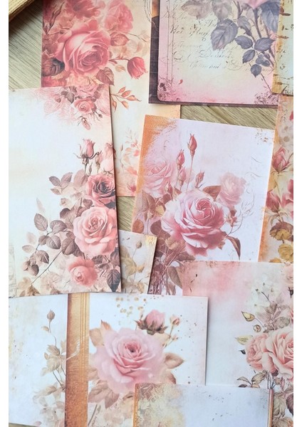 15 Adet Eskitme Vintage Gül Temalı Scrapbook Kağıt Seti Bullet Journal Dekupaj Kağıdı fiyatları