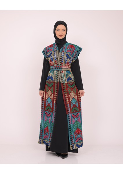 Kolsuzlu Filistinli Dolu Nakışlı Kadın Geniş Abaya Tek Ebatlı C100035